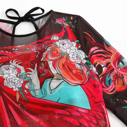 Damen-Badeanzug Blumen Langarm Sarong einteilig gepolstert