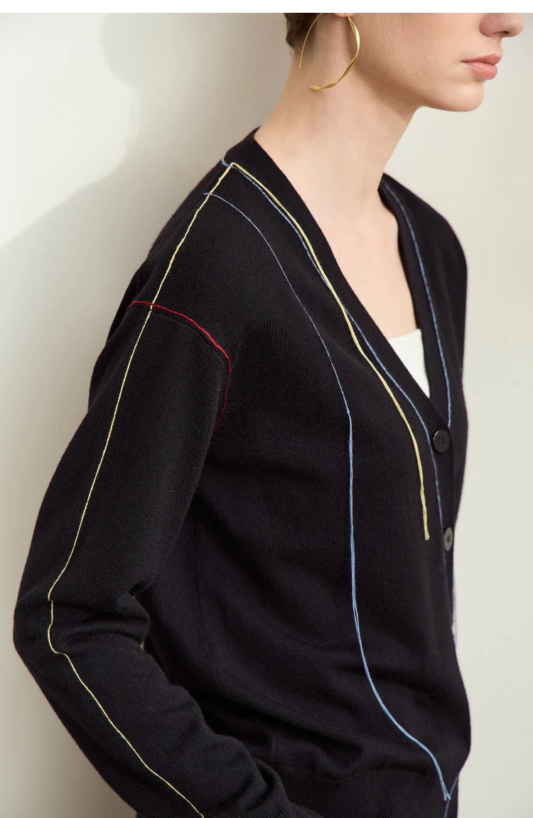 Damen-Strickjacke V-Ausschnitt Patchwork Raglan Wolle-Mix Herbst