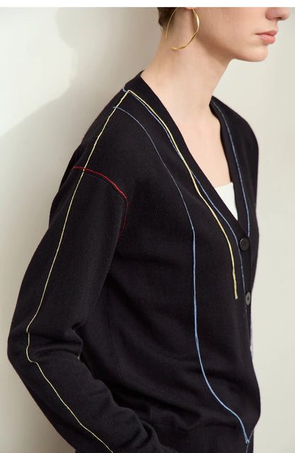 Damen-Strickjacke V-Ausschnitt Patchwork Raglan Wolle-Mix Herbst