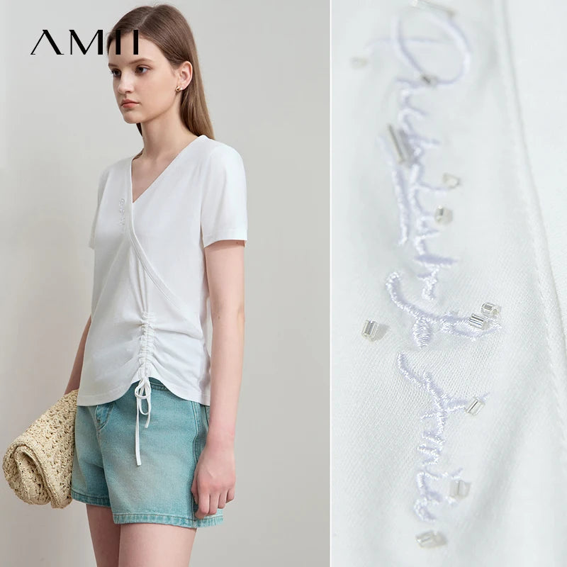 Damen T-Shirt im minimalistischem Stil mit V-Ausschnitt und Plissee-Details