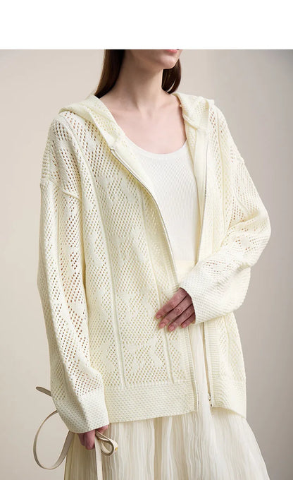 Damen-Strickjacke Kapuze Jacquard Hohlstrick Doppelreißverschluss locker Frühling