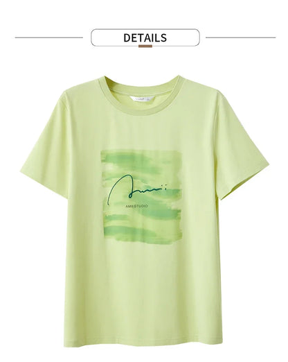 Damen T-Shirt im Minimalismus-Stil mit O-Ausschnitt und Stickerei