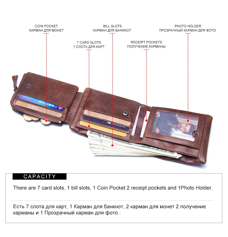 Herren Echtleder Geldbörse Vintage Trifold Haspe Reißverschluss Kartenhalter Geldclip