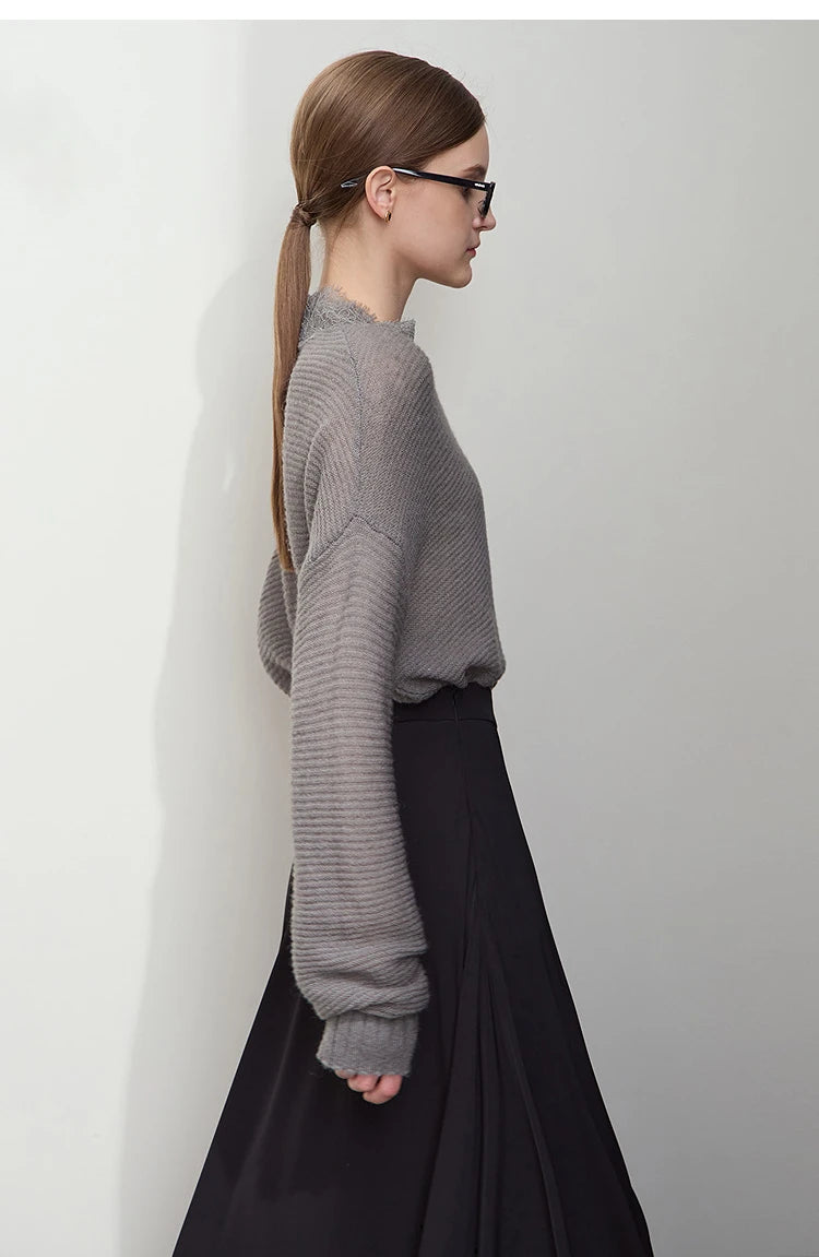 Damen V-Ausschnitt Pullover Mohair Spitze locker mittellang Frühling