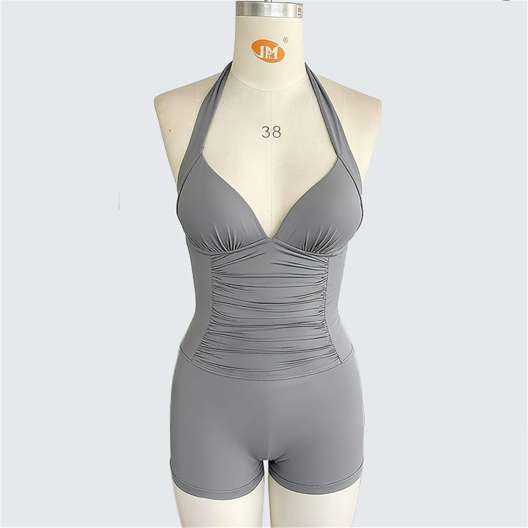 Damen-Badeanzug Neckholder V-Ausschnitt gerafft Shorts Monokini