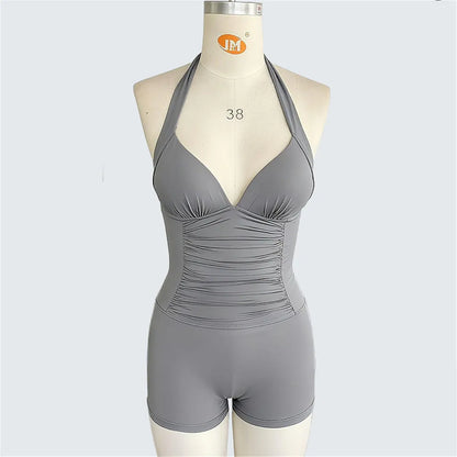 Damen-Badeanzug Neckholder V-Ausschnitt gerafft Shorts Monokini