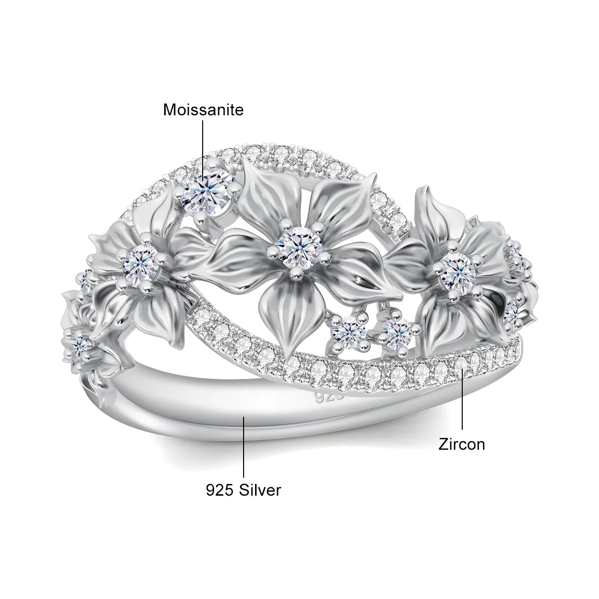 Damen-Ring Blüten-Moissanit Mit Zertifikat Und Goldplattierung Auf 925er Silber Für Verlobung Und Alltag