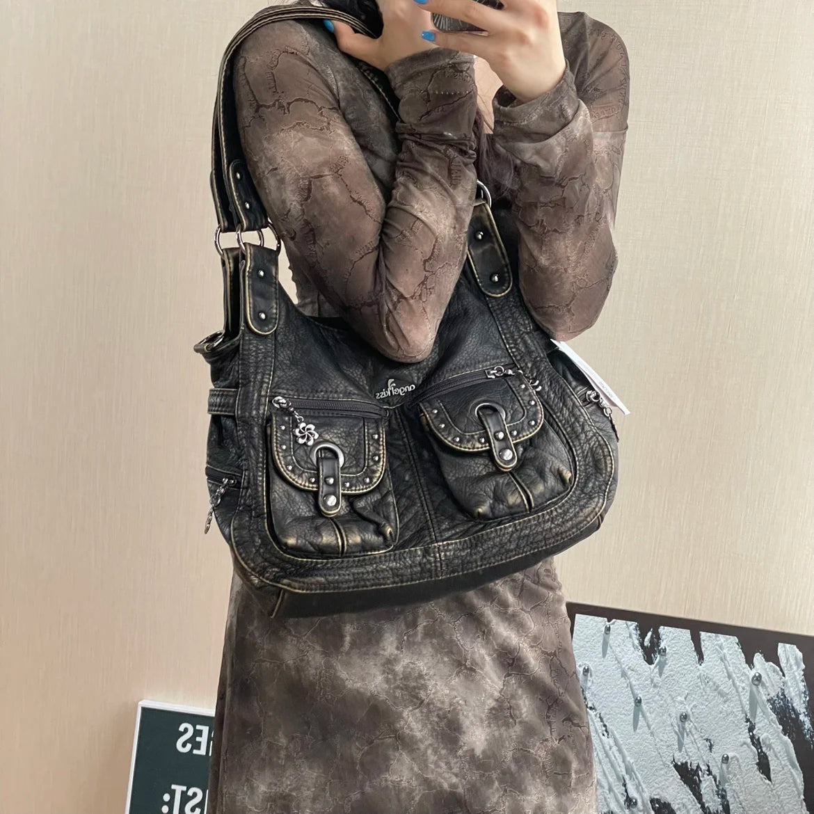 Damen-Schultertasche aus PU Bronze Retro-Stil mit Topgriff und Smartphonefach große Kapazität