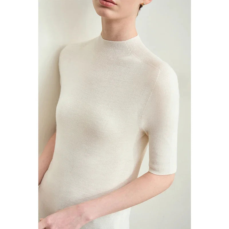 Damenpullover mit halbem Rollkragen, kurze Ärmel, cremeweiß, feiner Strick