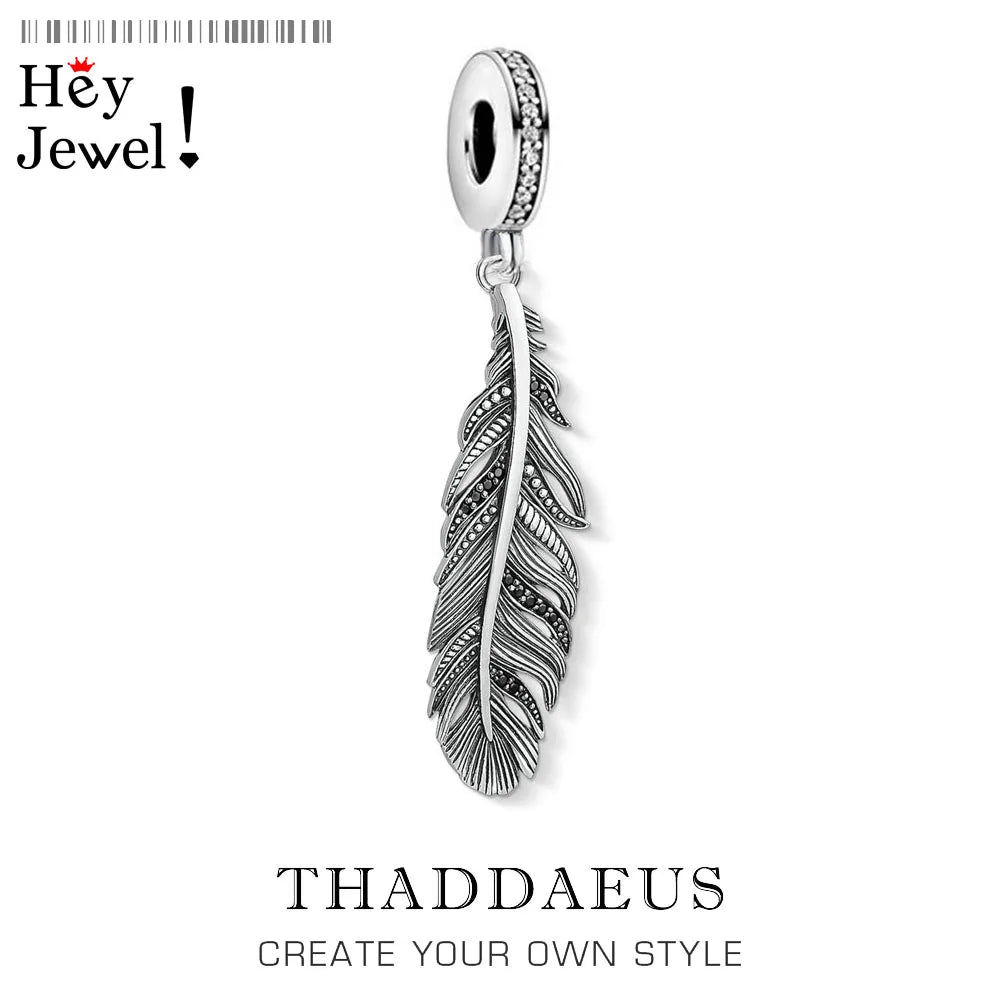 Feder-Anhänger aus 925-Sterlingsilber mit Öse, Strass, THADDAEUS