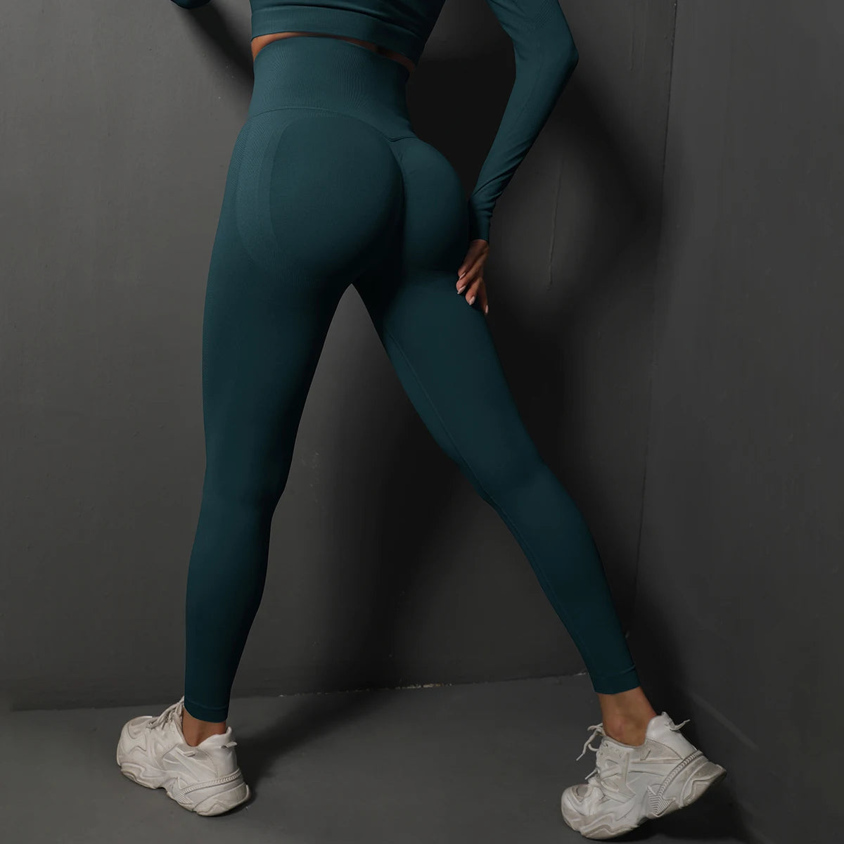 Nahtlose Yoga-Leggings mit hoher Taille, petrolfarben, eng anliegend