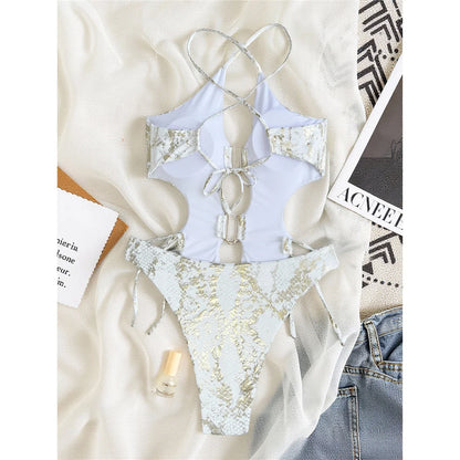 Damen-Badeanzug Schlangenhaut U-Ausschnitt Cross-Back Monokini