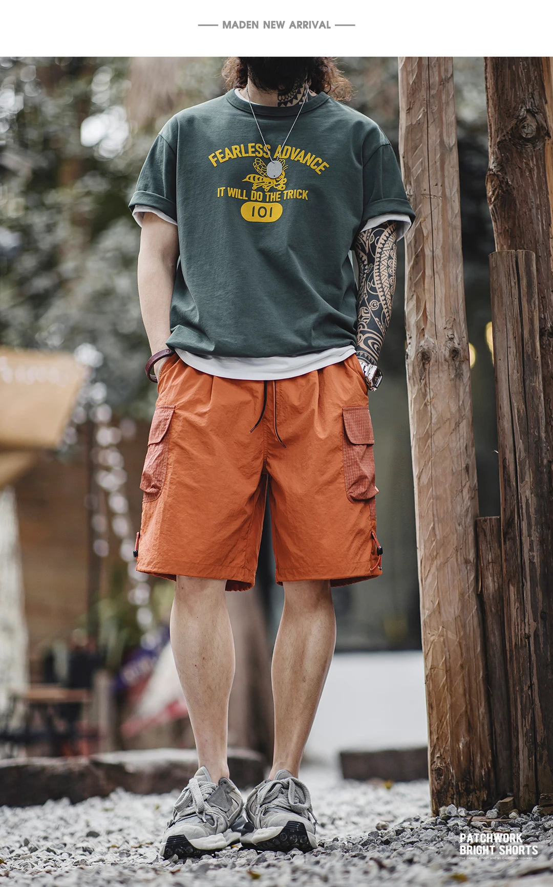 Männer Sommer Shorts aus leichtem Patchwork mit elastischer Taille in orange