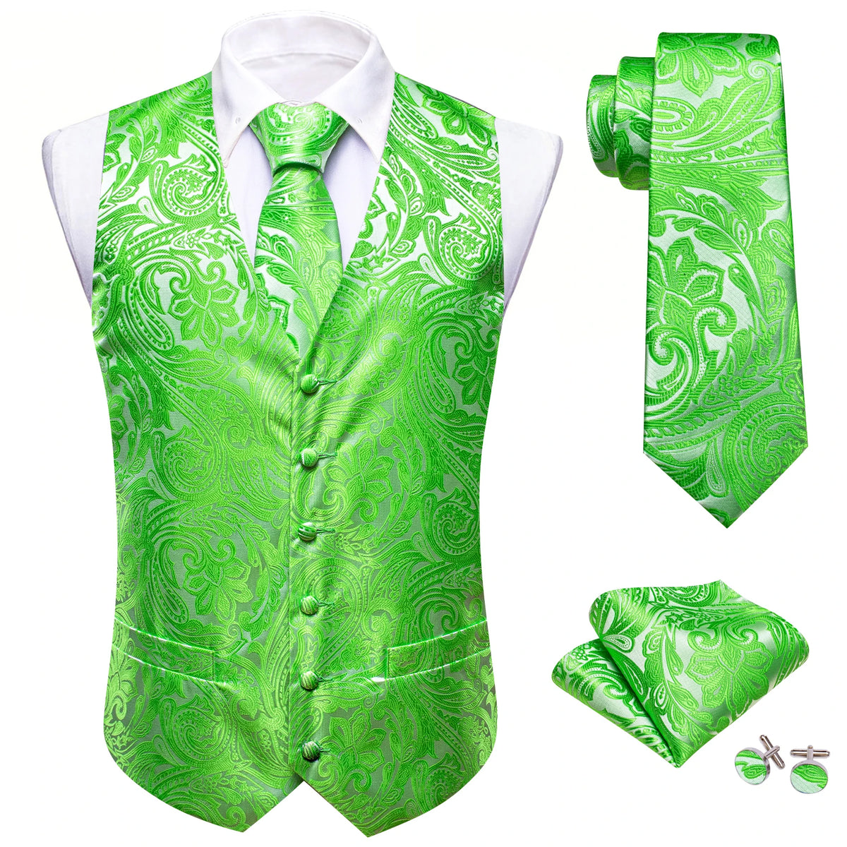 Herrenweste-Set Paisley-Jacquard in Grün, mit Krawatte und Einstecktuch