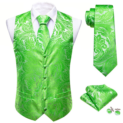 Herrenweste-Set Paisley-Jacquard in Grün, mit Krawatte und Einstecktuch