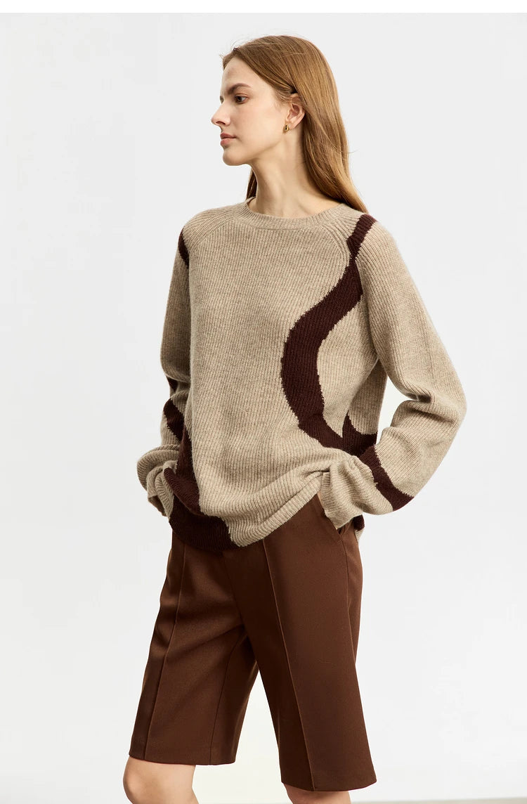 Damen-Rundhalspullover Wolle Yak asymmetrisch Patchwork locker Winter