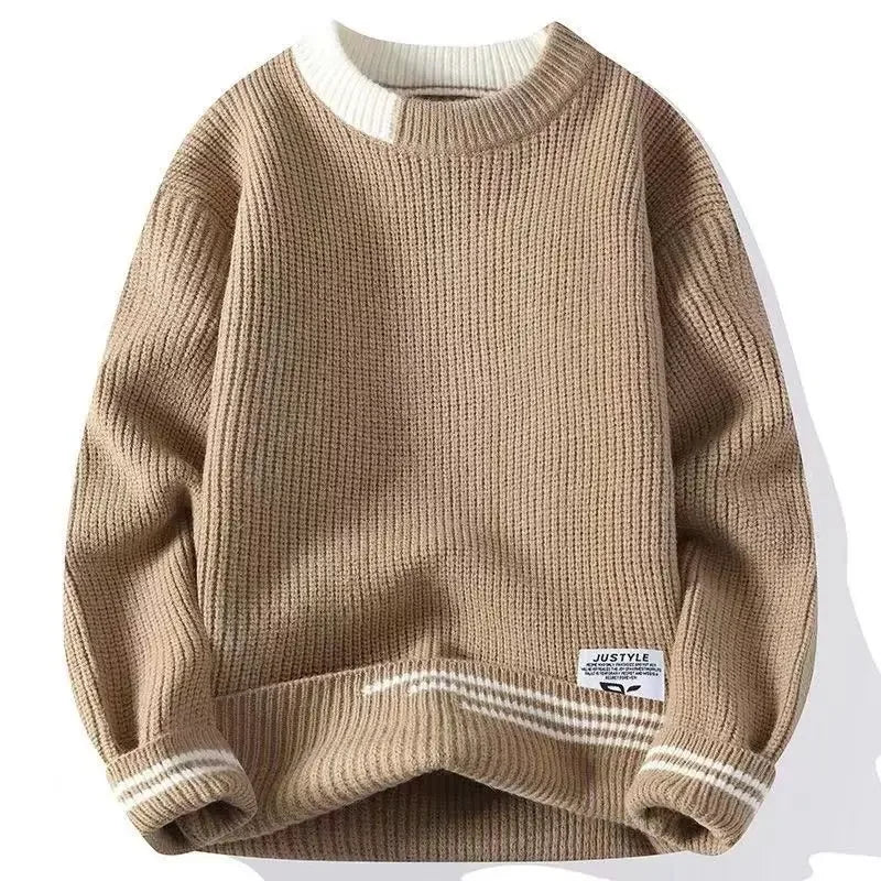Dicker Herren-Pullover mit Rundhalsausschnitt und Patchwork-Design – Lockerer, elastischer Langarm für Herbst und Winter