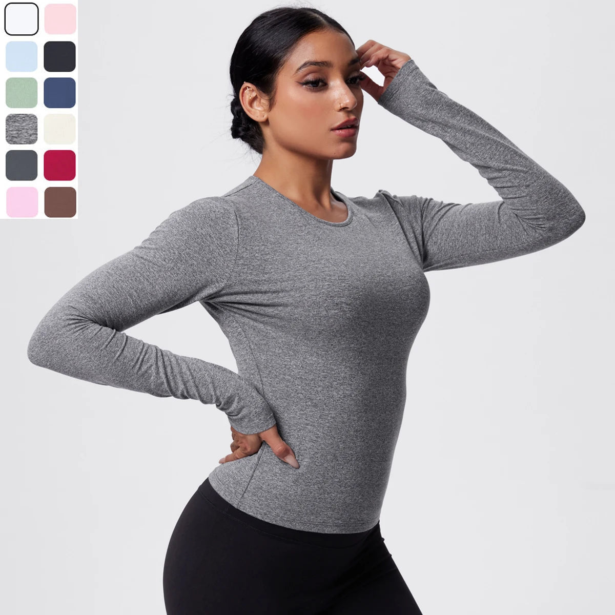 Damen-Langarmshirt für Yoga, grau meliert, Rundhalsausschnitt, figurbetont