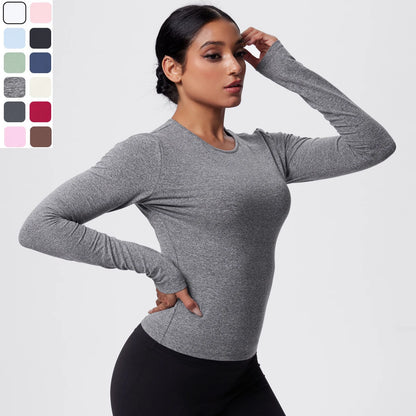 Damen-Langarmshirt für Yoga, grau meliert, Rundhalsausschnitt, figurbetont