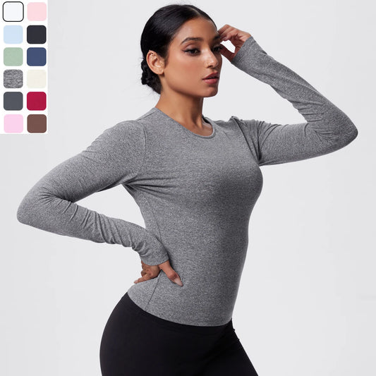 Damen-Langarmshirt für Yoga, grau meliert, Rundhalsausschnitt, figurbetont