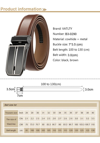 VATLY Echter Ledergürtel Herren 3cm Dünn Automatik-Schnalle Braun 130cm