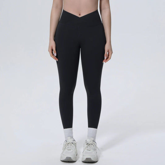 Nahtlose schwarze Yoga-Leggings für Damen mit überkreuzter Taille