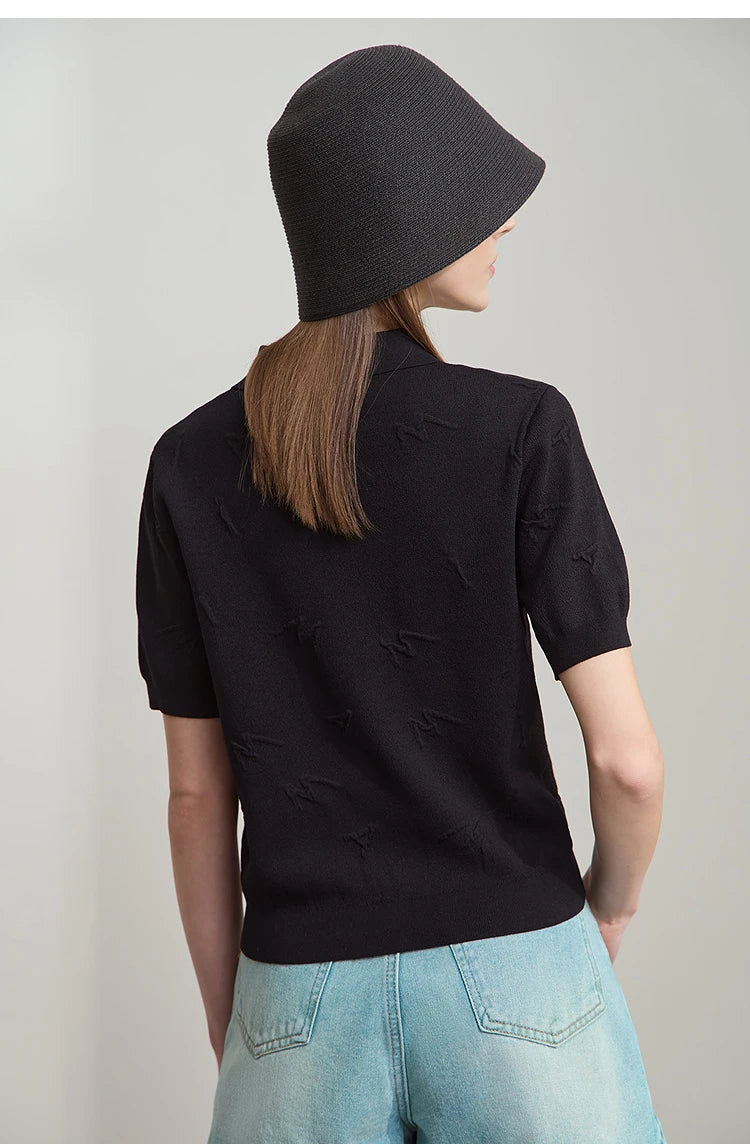 Kurzarm-Strickpullover mit Polo-Ausschnitt, Rückansicht in Schwarz