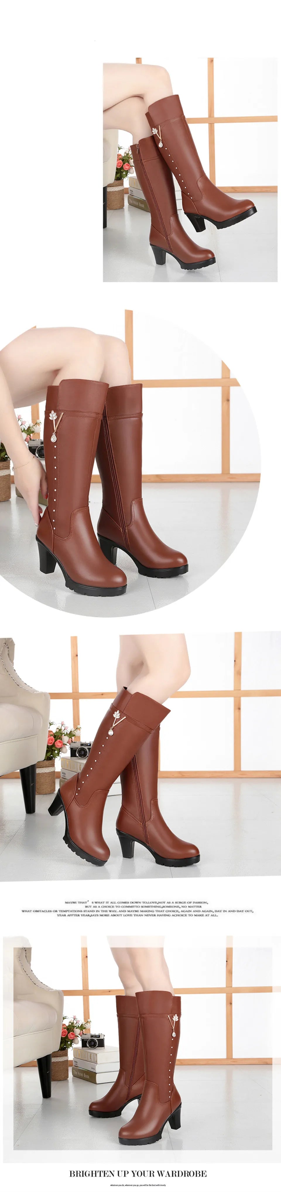 Braune kniehohe Damenstiefel mit Blütenanhänger, schmalem Schaft und Absatz.