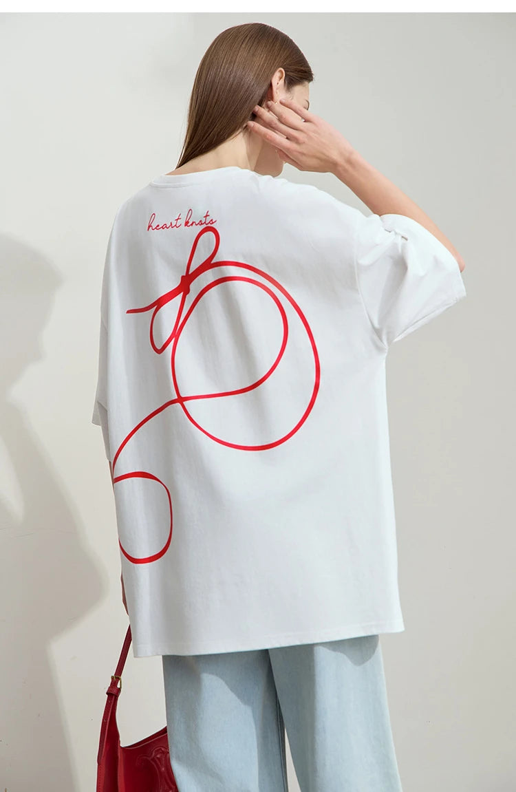 Damen T-Shirt aus ultraloch Stretch-Baumwolle mit Buchstaben-Bowknot-Aufdruck