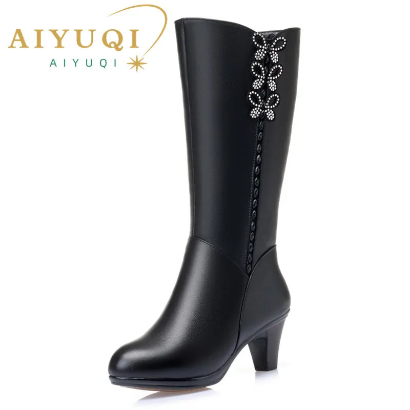 AIYUQI Women High Boots Shiny 2025 New Genuine Leather Wool Warm Women Winter Boots High Heel Fashion Office Boots Women