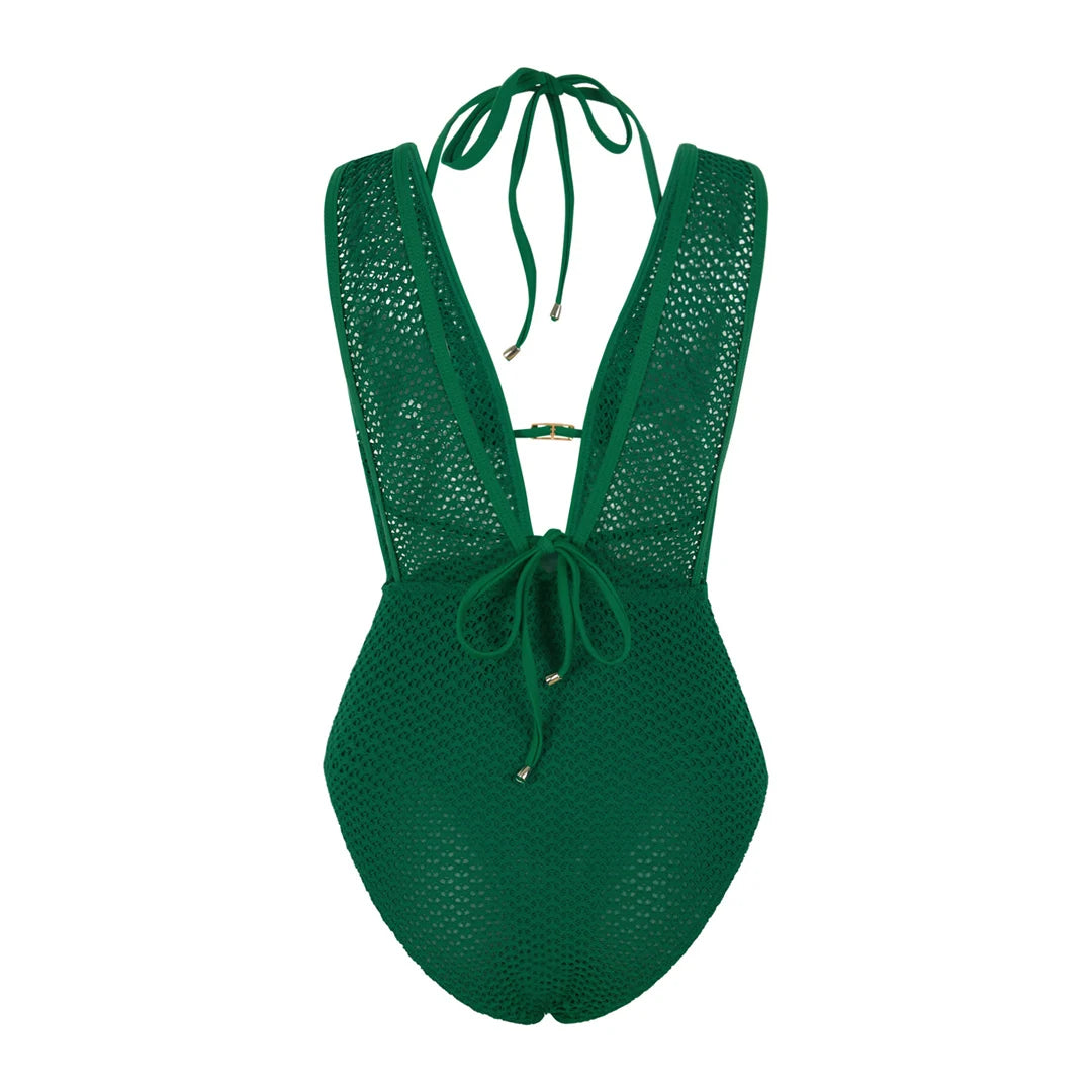 Damen-Badeanzug V-Ausschnitt Netzstrick rückenfrei Monokini Weste