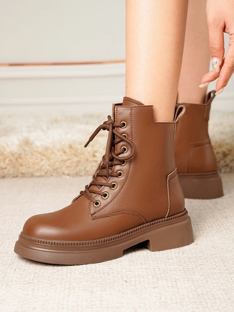 Damen Stiefeletten aus echtem Leder im Retro-Stil mit quadratischem Absatz