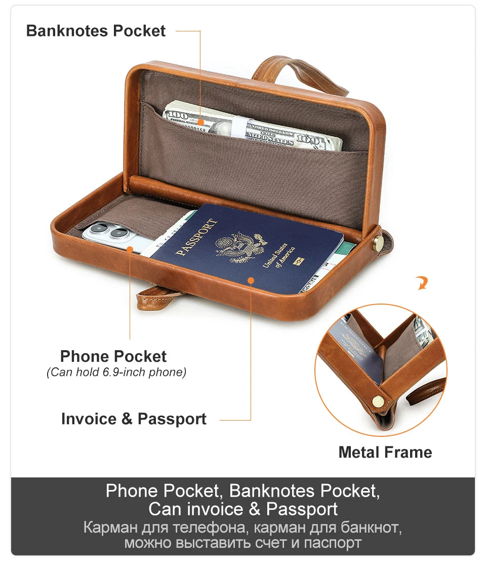 Braune Lederhandgelenktasche offen: Handyfach, Banknotenfach und Metallrahmen.