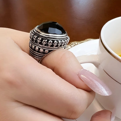 Damen-Ring Totenkopf Skelett schwarz Cocktail aus Sterlingsilber