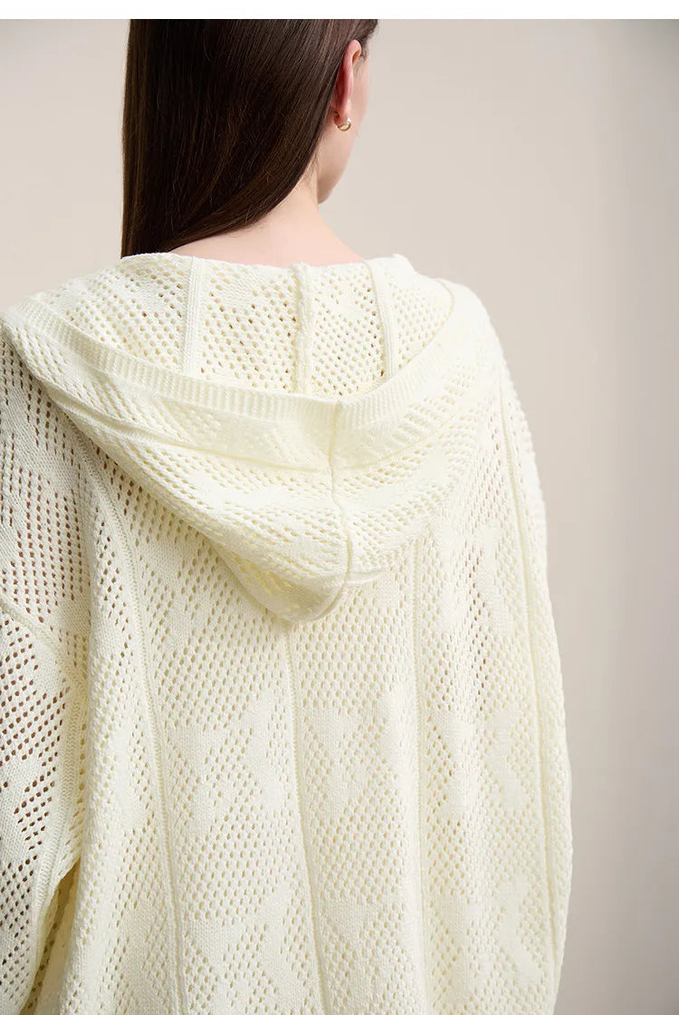 Damen-Strickjacke Kapuze Jacquard Hohlstrick Doppelreißverschluss locker Frühling