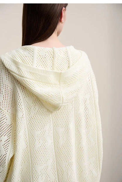 Damen-Strickjacke Kapuze Jacquard Hohlstrick Doppelreißverschluss locker Frühling