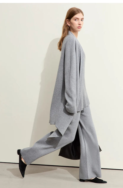 Damen-Strickjacke Wolle Umlegekragen lang locker Tasche Herbst