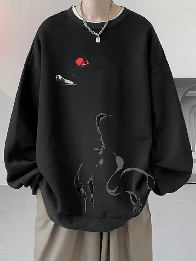 2025, neue Tinte Malerei Kran Gedruckt Pullover Hoodies Für Männer Frühling Hip Hop Mode Oansatz Hoody Y2K Streetwear Sweatshirts