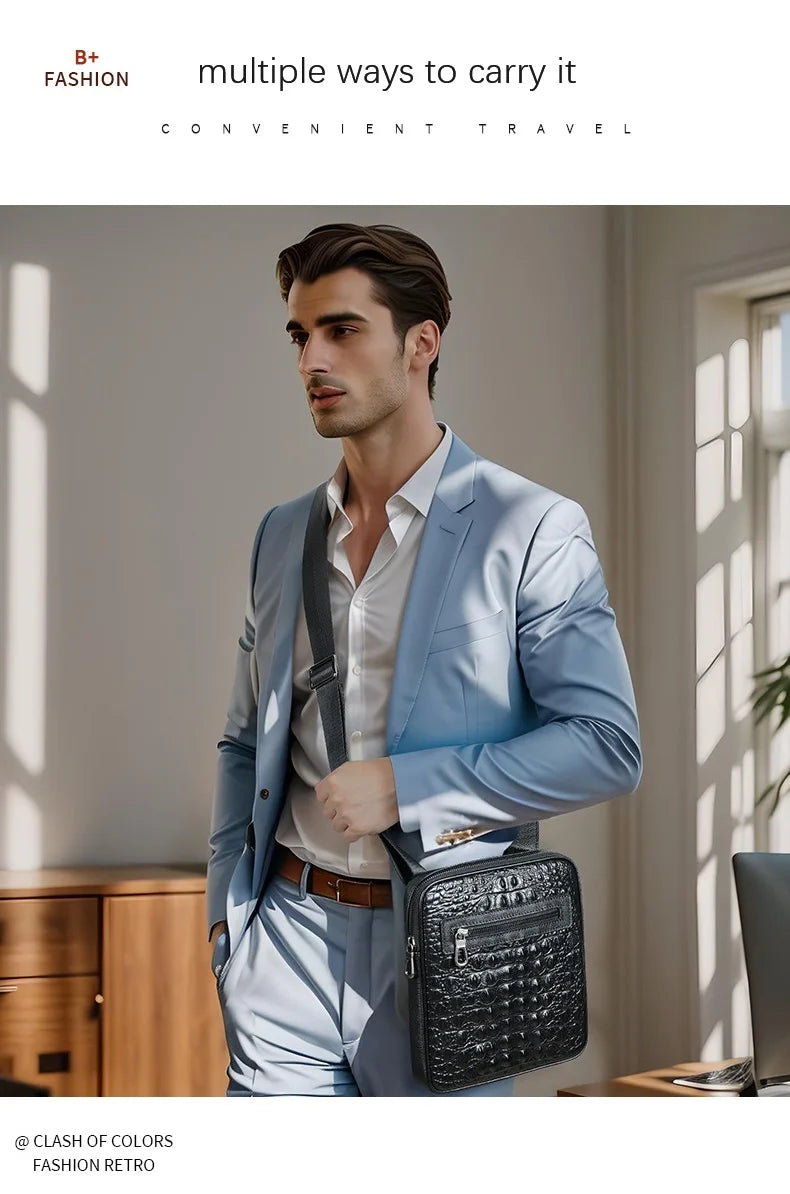 Herren-Umhängetasche aus Leder mit Kroko-Print, Große Crossbody-Tasche fürs Business