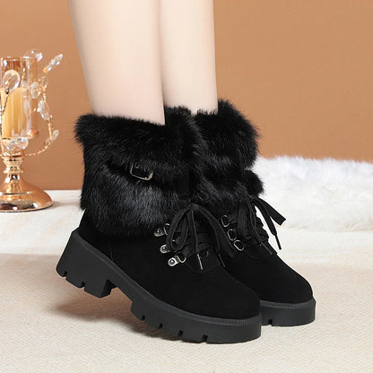 AIYUQI Women Snow Boots Platform New Rabbit Female Winter Boots Fashion Large Size Non-slip Genuine Leather Women Ankle Boots