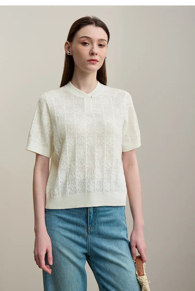 Damenpullover mit Stehkragen, Kurzarm und Knopfleiste, off-white gemustert, Vorderansicht