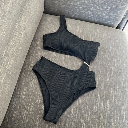 Damen Badeanzug asymmetrisch Cut-Out gerüscht One-Shoulder gepolstert