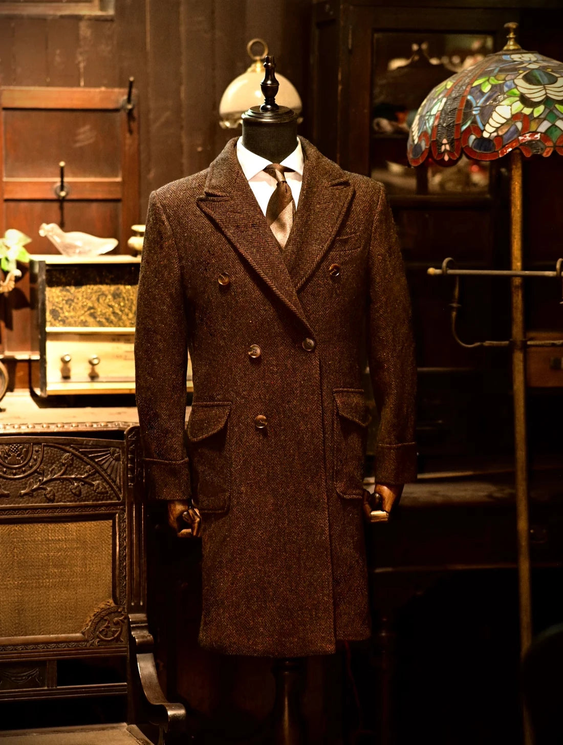 Herren Tweed Mantel im Business Style mit gesprenkeltem Muster und Zweireiher