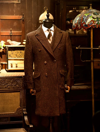 Herren Tweed Mantel im Business Style mit gesprenkeltem Muster und Zweireiher