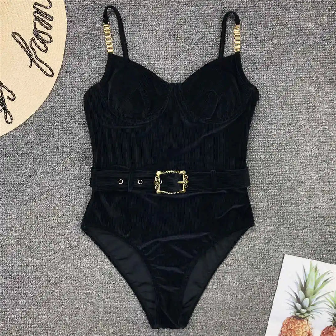 Damen-Badeanzug Rippe Gürtel High-Cut Bodysuit einteilig