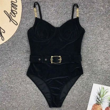 Damen-Badeanzug Rippe Gürtel High-Cut Bodysuit einteilig