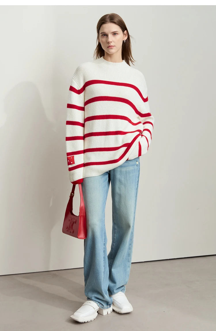 Damen-Strickjacke Streifen Stehkragen Kontrastfarben locker Weihnachten Winter