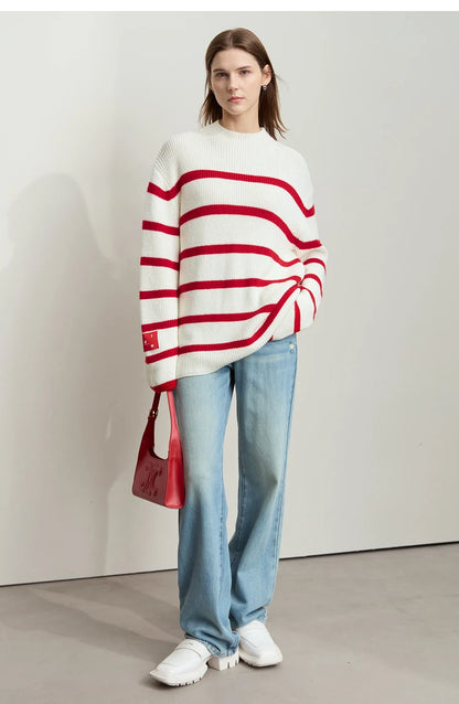 Damen-Strickjacke Streifen Stehkragen Kontrastfarben locker Weihnachten Winter
