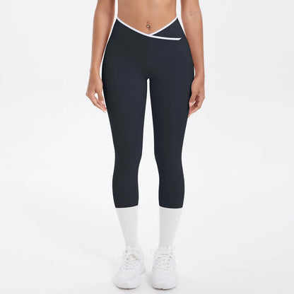 Damen-Yoga-Leggings, hohe Taille, schwarz, 3/4 Länge mit weiß abgesetztem Bund