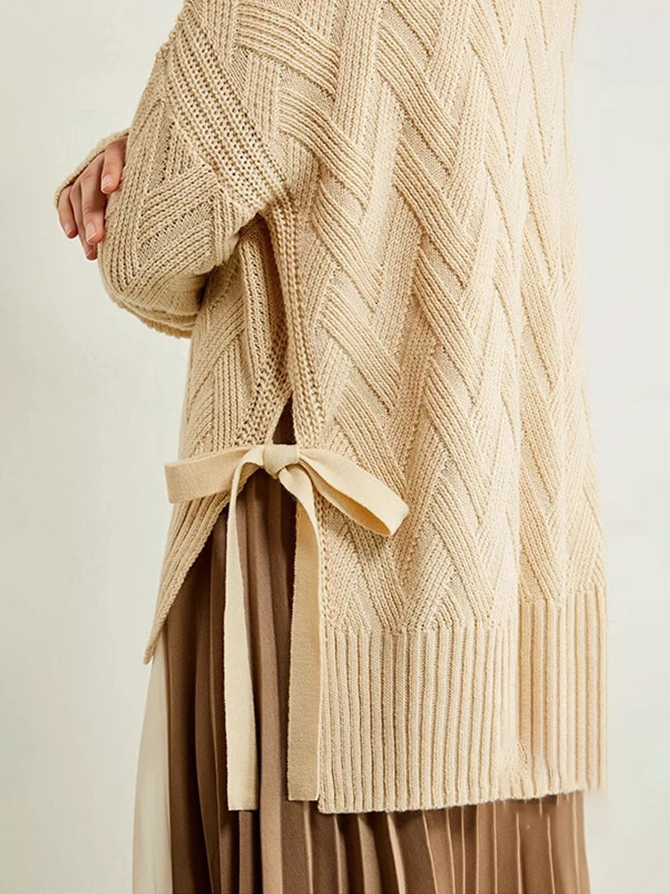 Damen-Rollkragenpullover locker Schnürung Herbst-Winter